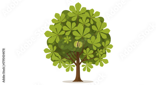 Cartoon illustration of a lush chestnut tree with spiky fruit capsules