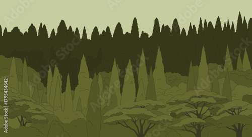 Dense Woodland Scenery with Towering Trees and Varied Greenery Depiction
