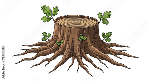 Illustration of a weathered tree stump with sprouting oak leaves, symbolizing resilience