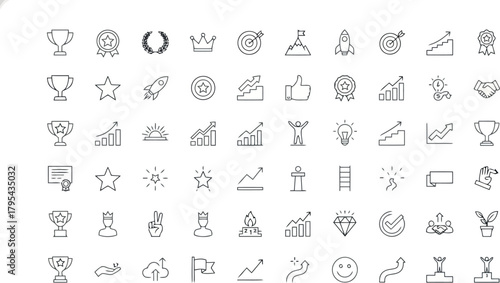Set of success and achievement icons, including trophies, stars, and charts