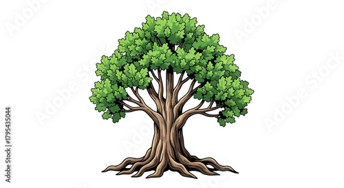 Isolated lush tree with detailed foliage and intricate root system design
