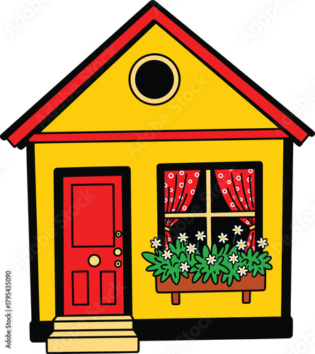 A charming yellow cartoon house with a red roof a matching door and a window box full of white flowers.