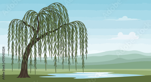 Serene weeping willow landscape with a minimalist countryside backdrop