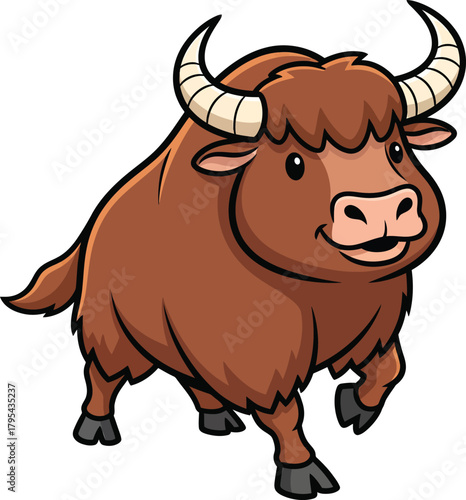 A cheerful brown cartoon yak with shaggy fur large curved horns and a friendly smiling expression.