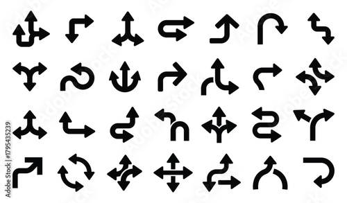 Road way direction arrow sign. Road navigation arrows. Driving direction mark, location point crossroad circle turning route black pictograms.