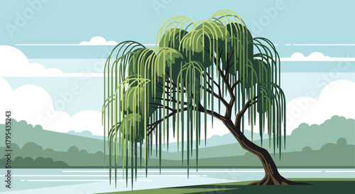 Serene Willow Tree Landscape with Minimalist Design near Tranquil Water