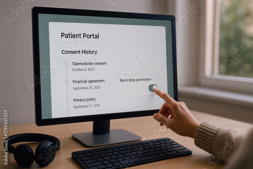 Patient giving recording permission on a hospital patient portal on a computer.