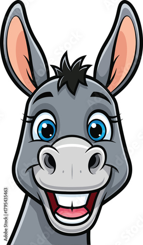 A cheerful gray cartoon donkey with big blue eyes and a wide friendly toothy smile.