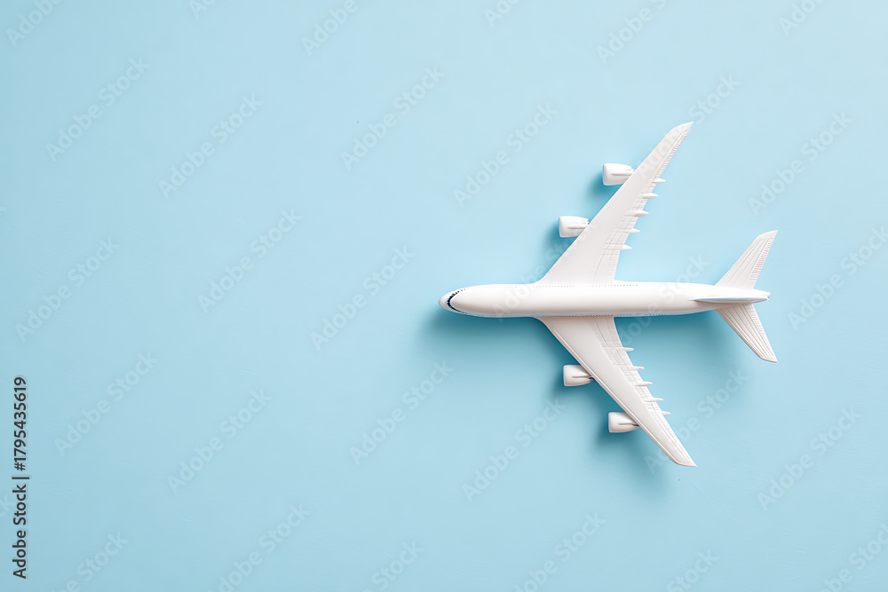 Fototapeta premium Bright White Passenger Airplane Model on Serene Light Blue Background, Minimalist Travel Concept with Copy Space