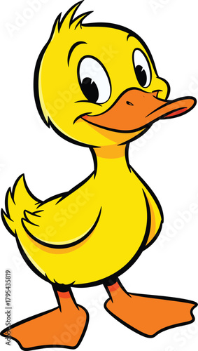 A cheerful yellow cartoon duckling with a friendly smile and large expressive eyes.