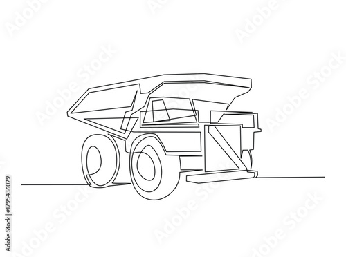 Continuous line art drawing of big mining dump truck. Mining Haul Truck in single outline illustration.