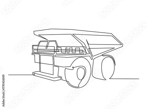 Continuous line art drawing of big mining dump truck. Mining Haul Truck in single outline illustration.