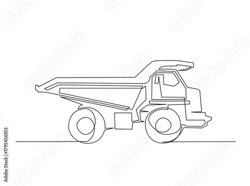 Continuous line art drawing of big mining dump truck. Mining Haul Truck in single outline illustration.