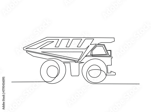 Continuous line art drawing of big mining dump truck. Mining Haul Truck in single outline illustration.