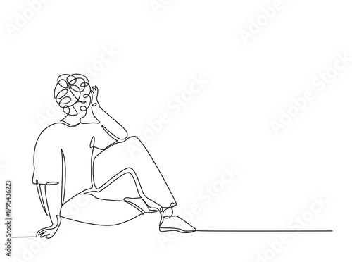 Continuous line art drawing of confusing and stressed person. Man in depression, stressed, headach draw in single outline illustration.