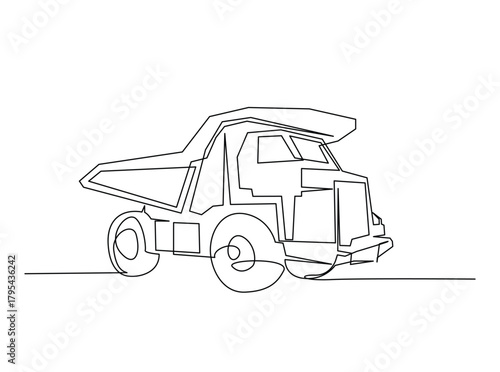 Continuous line art drawing of big mining dump truck. Mining Haul Truck in single outline illustration.