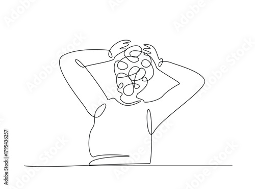 Continuous line art drawing of confusing and stressed person. Man in depression, stressed, headach draw in single outline illustration.
