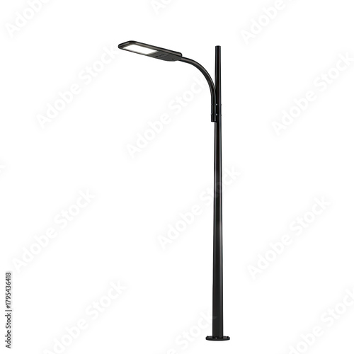 Modern black street lamp with a bright white LED light illuminating a dark night sky with a clear transparent background studio shot