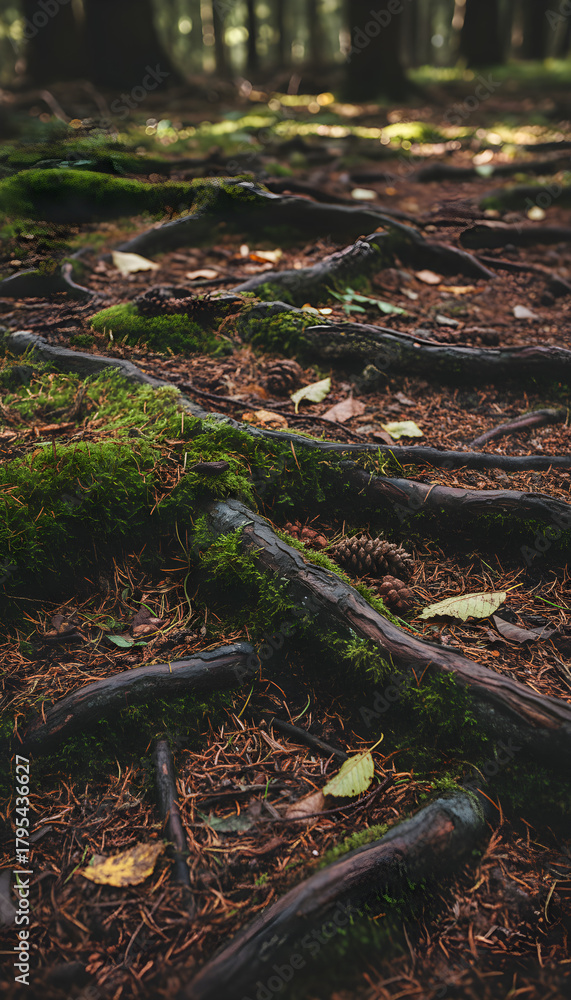 Fototapeta premium Forest floor with moss-covered tree roots and fallen leaves 