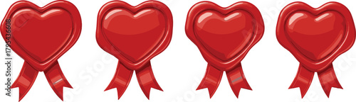 Vector Illustration Set of Red Wax Heart Seals: Glossy, Detailed Stamper Graphics with Ribbons, Ideal for Valentine's Day, Love Letters, Romantic Invitations, and Official Documents