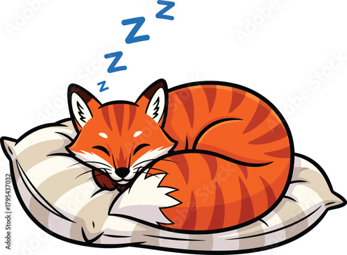 A cute cartoon orange fox with dark stripes sleeping peacefully curled up on a soft comfortable white pillow.