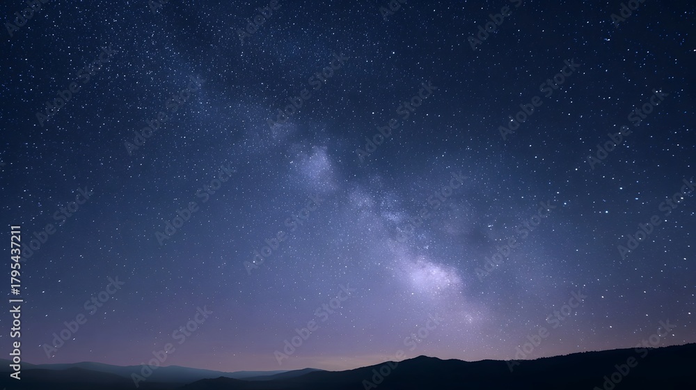 Fototapeta premium The majestic Milky Way galaxy arches across a dark star filled night sky above silhouetted mountains