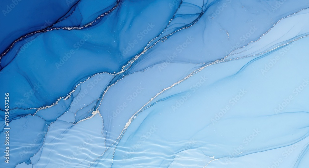 Fototapeta premium Abstract blue and silver liquid art painting with flowing waves and streaks.