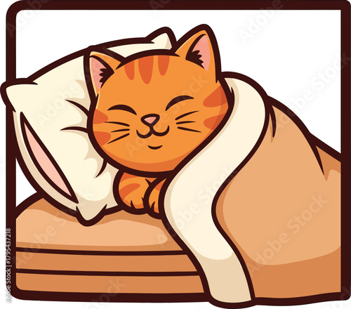 A cute cartoon orange tabby cat sleeping soundly in bed with a happy peaceful expression.