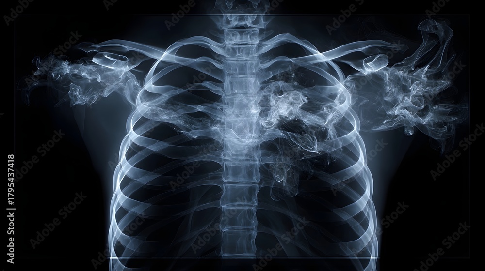 Obraz premium Radiographic image of a human chest and skeletal structure with a dramatic smoky or misty overlay effect