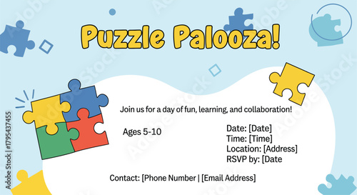 Puzzle Palooza Invitation for Kids Ages 5-10 with Event Details children