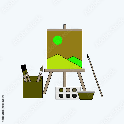 Art school. Painting on canvas, art palette, brushes and easel isolated on white background. Eps file. 
