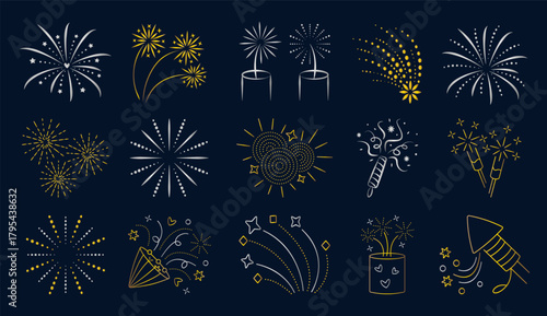 Gold and silver fireworks icon set. Sparklers and firecrackers gradient shiny line pictograms. Salute and sparkle golden and chrome signs. Vector collection