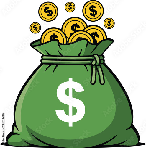 Green Money Bag Full Gold Dollar Coins Financial Success with vector illustration