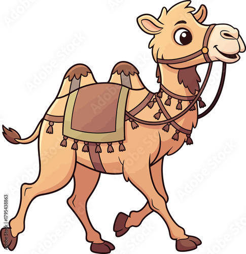 A friendly cartoon Bactrian camel with two humps a saddle and a bridle walking with a happy smile.