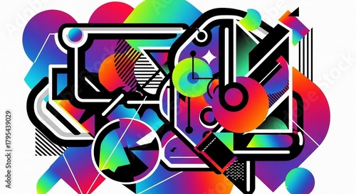Modern abstract illustration with a dynamic composition of geometric elements, neon gradients, and a retro 80s aesthetic