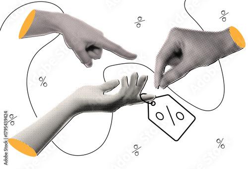 Halftone hand holding price tags with sale percentage discounts, retail marketing campaign,hands pointing price tags,trendy collage design