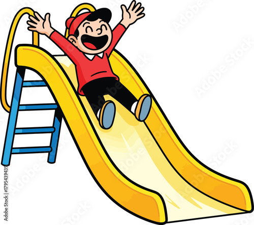 A joyful cartoon boy in a red shirt and cap happily sliding down a bright yellow playground slide.