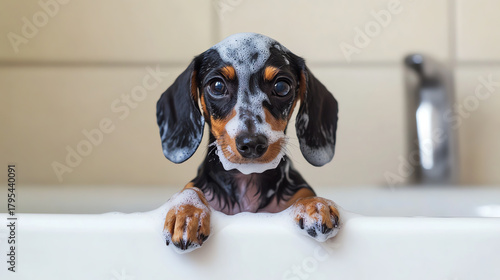 Dachshund puppy leaning over bathtub edge, foam beard on face, bright playful photo