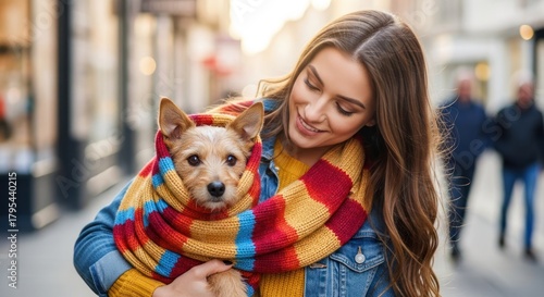 Fototapeta Naklejka Na Ścianę i Meble -  A young woman holding a small dog on a city street.