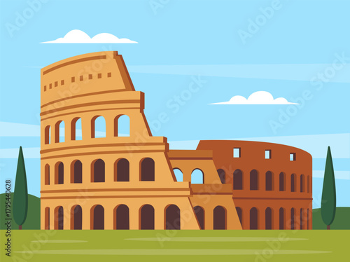 Roman colosseum in flat style scene background. Vector stock
