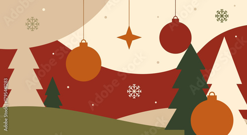 Festive Holiday Scene with Christmas Trees Ornaments and Snowflakes Illustration.