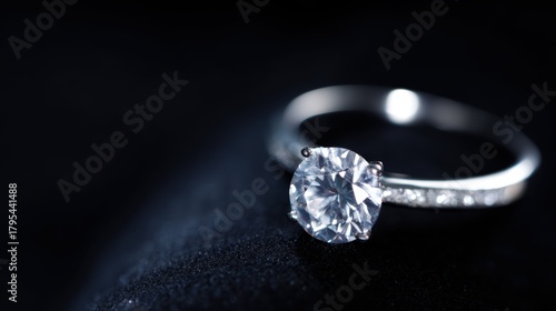 Close-up of diamond ring on black background, luxury jewelry showcase