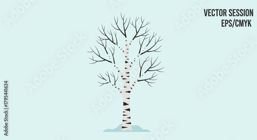 Stylized birch tree in winter, simple vector illustration on blue background