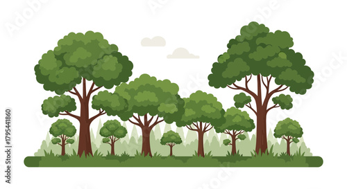 Stylized forest landscape with lush trees and cartoonish clouds overhead