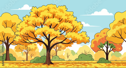 Vibrant autumn forest scene with cartoon trees, blue sky and fallen leaves