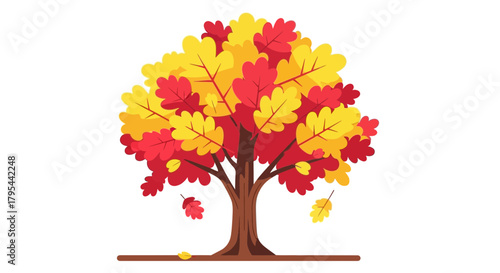 Vibrant autumn tree illustration with colorful foliage and falling leaves