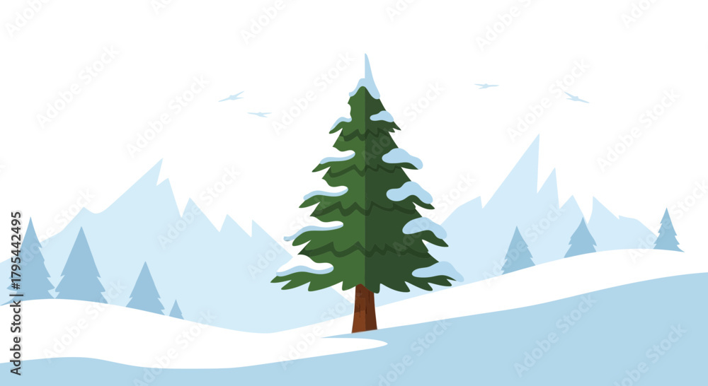 Obraz premium Winter landscape illustration with pine tree, mountains and flying birds