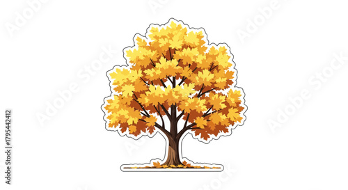 Vibrant Autumnal Maple Tree Illustration with Falling Leaves and Graphic Style