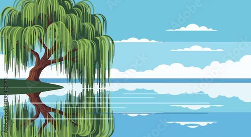 Willow Tree Reflection on a Tranquil Lake with a Blue Sky Backdrop