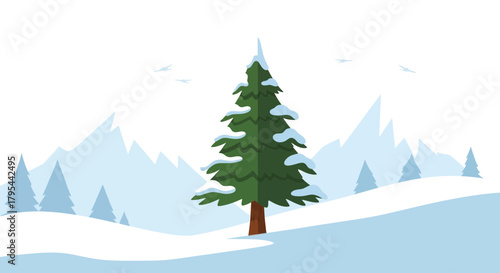 Winter landscape illustration with pine tree, mountains and flying birds